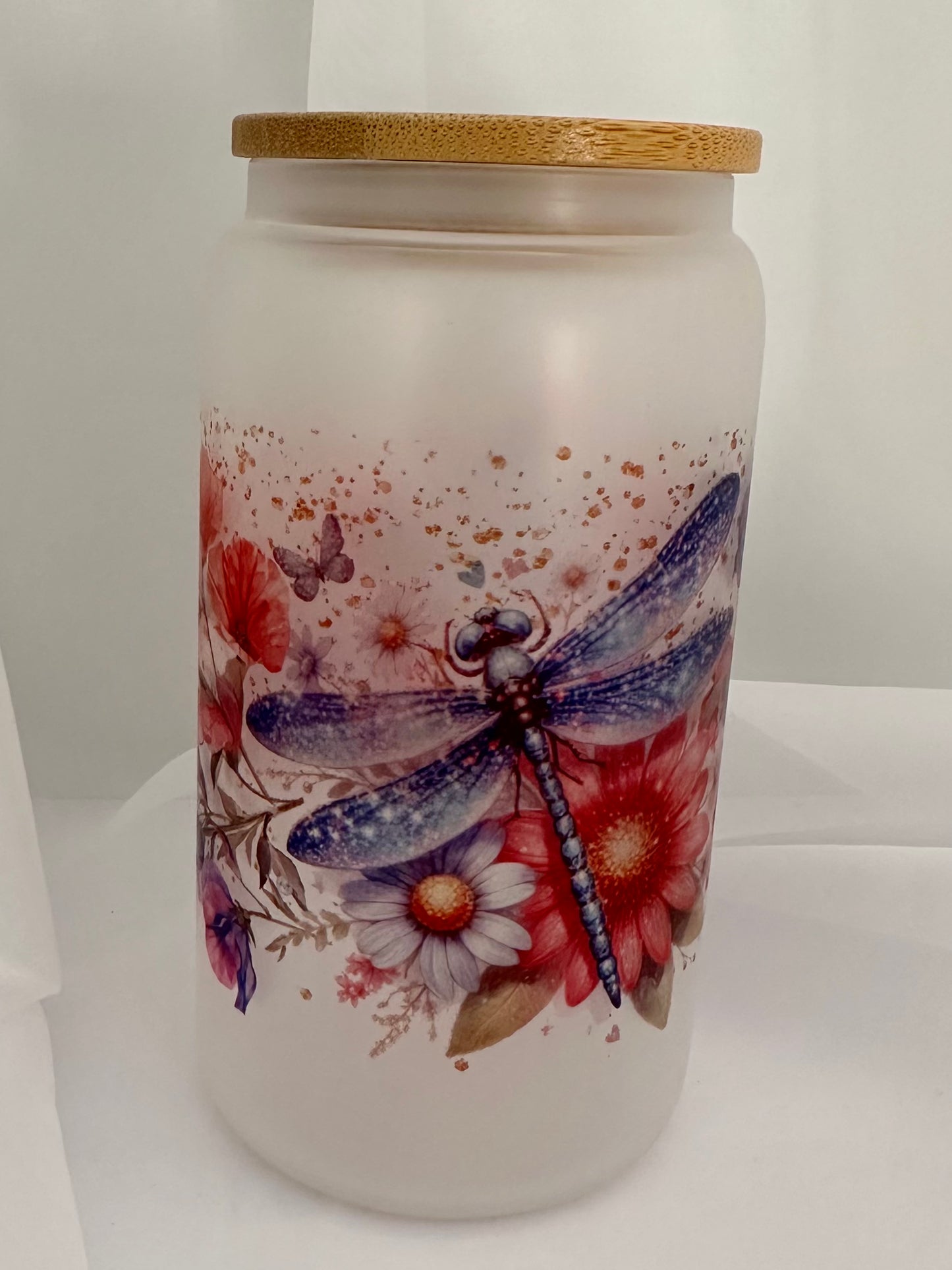 Floral Dragonfly Frosted Glass Tumbler