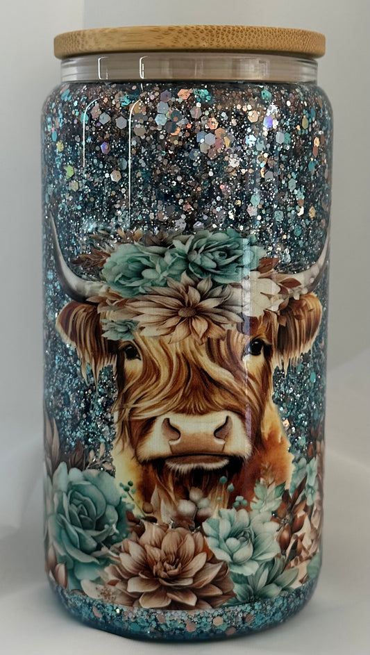 Blue Highland Cow Snow Globe Tumbler